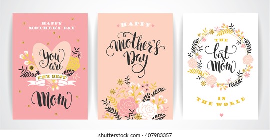 Set of Happy Mothers Day lettering greeting cards with Flowers. Vector illustration.