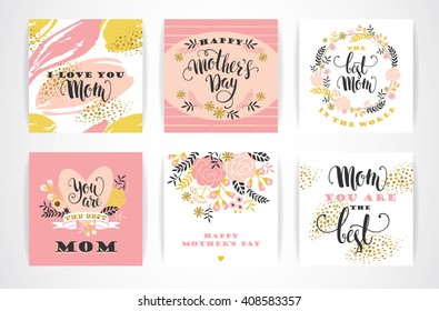 Set of Happy Mothers Day lettering greeting cards with Flowers. Vector illustration.