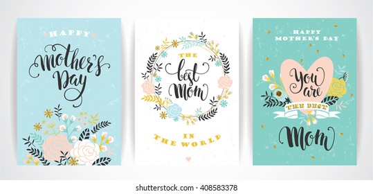 Set Of Happy Mothers Day Lettering Greeting Cards With Flowers. Vector Illustration.