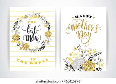 Set of Happy Mothers Day lettering greeting cards with Flowers. Vector illustration.