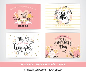 Set of Happy Mothers Day lettering greeting cards with Flowers. Vector illustration.