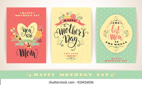 Set of Happy Mothers Day lettering greeting cards with Flowers. Vector illustration.