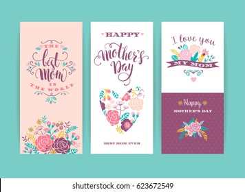 Set of Happy Mothers Day lettering greeting cards with Flowers. Vector illustration.