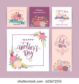 Set of Happy Mothers Day lettering greeting cards with Flowers. Vector illustration.