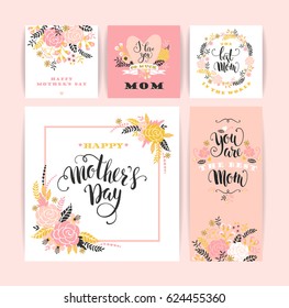 Set of Happy Mothers Day lettering greeting cards with Flowers. Vector illustration.