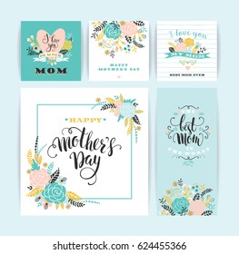 Set of Happy Mothers Day lettering greeting cards with Flowers. Vector illustration.