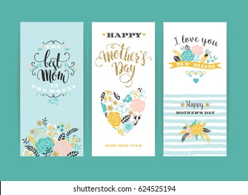 Set of Happy Mothers Day lettering greeting cards with Flowers. Vector illustration.