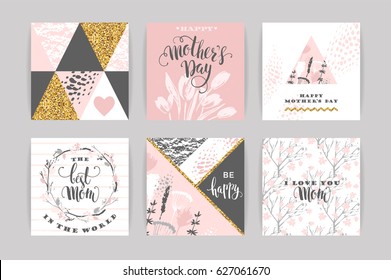 Set of Happy Mothers Day lettering greeting cards with spring flowers. Vector illustration.