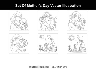 Set of Happy Mother's Day Line Art Vector Illustration