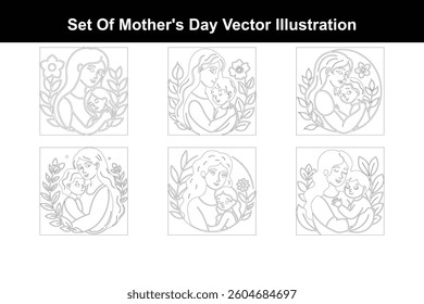 Set of Happy Mother's Day Line Art Vector Illustration