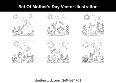 Set of Happy Mother's Day Line Art Vector Illustration