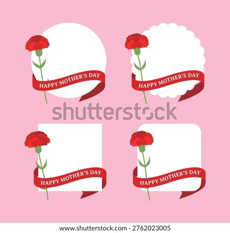 Set of Happy Mother's Day message labels with red carnations. Flat vector illustration of gift tags and greeting banners with red ribbons on pink background.