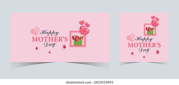 Set of Happy Mother's Day Web Banners and Post Templates. Mother's Day Greeting Card with 3d Love Balloons. Happy Mom Love Sign with Heart and Flowers. Flying Pink Paper Hearts. Mom Love Background
