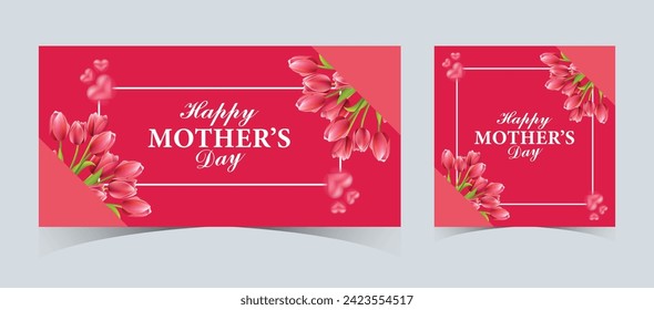 Set of Happy Mother's Day Web Banners and Post Templates. Mother's Day Greeting Card with 3d Love Balloons. Happy Mom Love Sign with Heart and Flowers. Flying Pink Paper Hearts. Mom Love Background