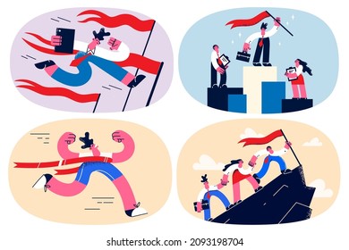 Set of happy motivated businesspeople reach peak succeed at work. Excited employees or worker strive for business goal achievement celebrate success. Teamwork and leadership. Vector illustration. 