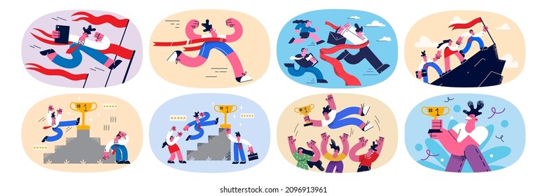 Set of happy motivated diverse employees or workers strive for success, celebrate team victory or win together. Bundle of excited businesspeople enjoy business goal achievement. Vector illustration. 