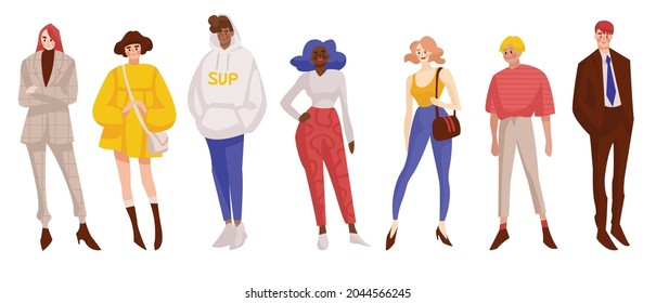 Conjunto de gente feliz y multiétnica parado en diferentes poses. Ilustración del vector