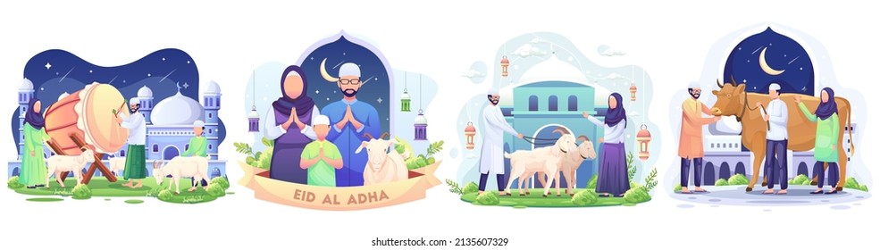 Eine Gruppe glücklicher Muslime feiert Eid Al Adha Mubarak mit einer Ziege in einer Moschee. Flache Vektorgrafik