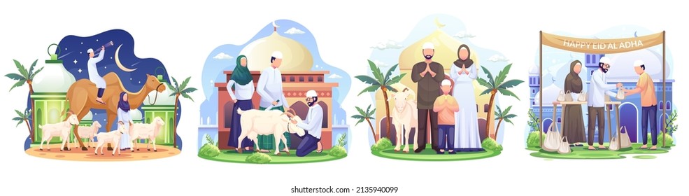 Set of Happy Muslim family celebrates Eid Al Adha Mubarak with a goat in a front mosque. Flat style vector illustration