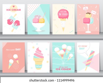 Set of Happy national ice cream day invitation card,poster, greeting, template, cone,scoop,sundae,cute,Vector illustrations.