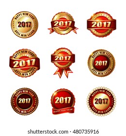 Set of Happy New Year 2017 Golden Labels with Ribbon. 
Isolated on white background. Vector illustration