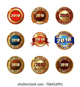 Set of Happy New Year 2018 Golden Labels with Ribbon. 
Isolated on white background. Vector illustration