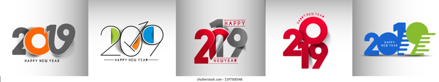 Set of Happy New Year 2019 Text Design  Patter, Vector illustration.