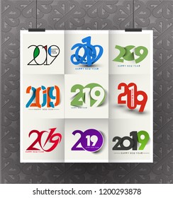 Set of Happy New Year 2019 Text Design  Patter, Vector illustration.