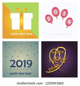 Set of Happy New Year 2019 text design. Vector greeting illustration with numbers and snowflake