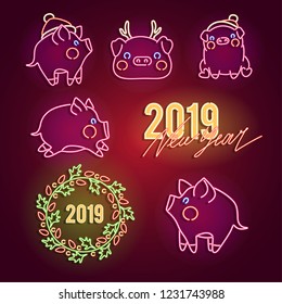 Set Happy New Year 2019 neon sign and chinese new year of the pig. Neon sign, bright signboard, light banner. Vector icons
