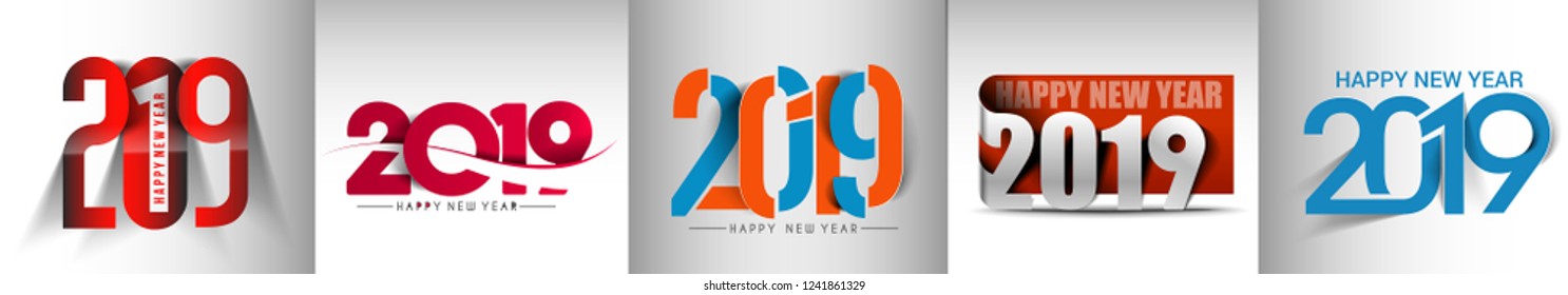 Set of Happy New Year 2019 Text Design Patter, Vector illustration.