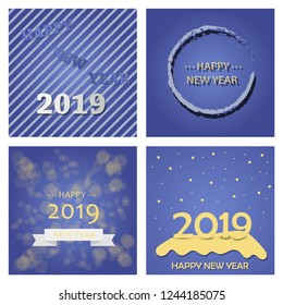 Set of Happy New Year 2019 text design. Vector greeting illustration with golden numbers and snowflake