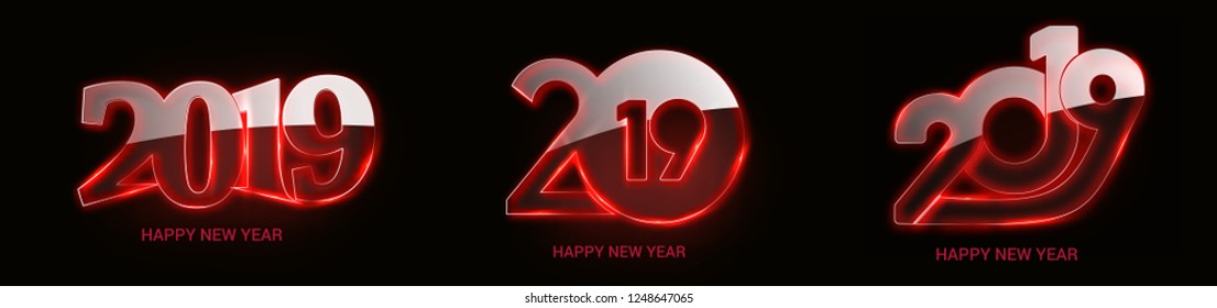 Set of Happy New Year 2019 Text Cut Paper Design Patter, Vector illustration.