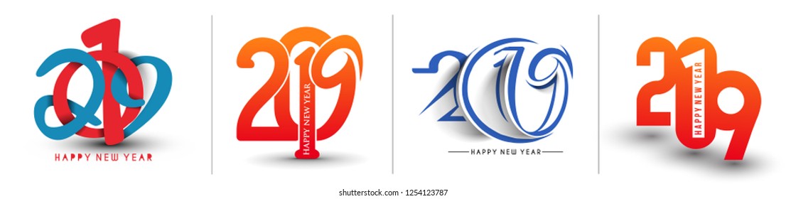 Set of Happy New Year 2019 Text Design , Vector illustration.