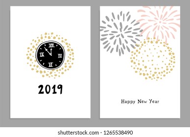 Set of Happy New Year 2019 greeting cards, party invitations with hand drawn clocks and fireworks. Isolated vector illustrations, white background.