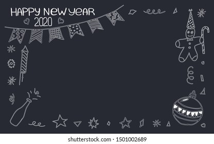 Set of happy new year 2020 festive elements on black backdrop. It can be used to design greetings, invitations, posters, flyers, backgrounds.Vector drawing of new year's attributes. Hand littering