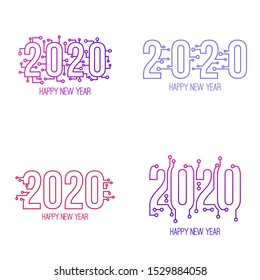 Set of happy new year 2020 text design with high tech circuit board texture. Vector illustration.