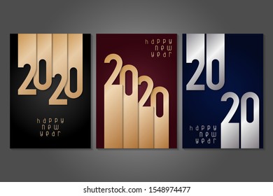 Set of Happy New Year 2020 posters with gold and silver numbers. Winter holidays greeting or invitation. Vector illustrations on dark backgrounds.