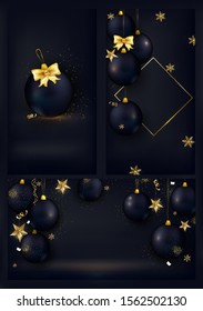 Set of Happy New Year 2020 vertical and horizontal black background. Black Сhristmas balls, lights, golden confetti, 3d stars.Vector.