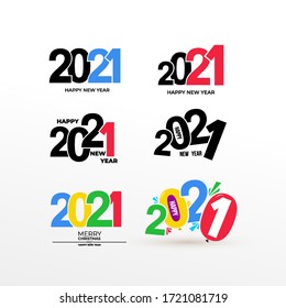 Set of Happy New Year 2021 Text Design. Business decoration sign. Brochure design template, card, banner, postcard. Vector. Isolated on white background.