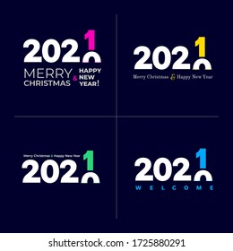 Set of Happy new year 2021. Cover of card, print, overlay or stamp, seal, greeting, invitation card for 2021. Vector illustration. Isolated on blue background.