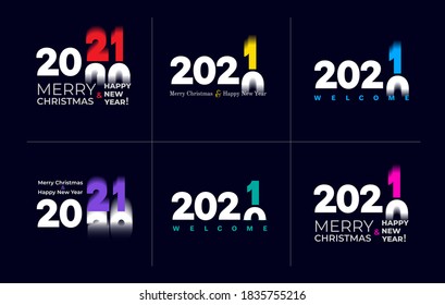 Set of Happy New Year 2021. Welcome New Year christmas. Cover of card, print, overlay or stamp, seal, greeting, invitation card for 2021. Vector illustration. Isolated on blue background.