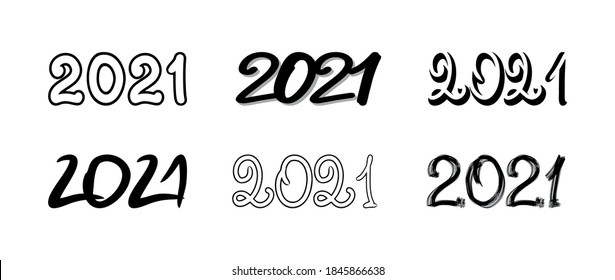 Set of Happy New Year 2021 logo. Vector black hand drawn logo 2021 isolated on a white background