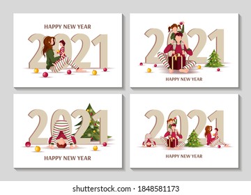 Set of Happy New Year 2021 greeting cards with family in similar clothes and christmas tree. Volumetric figures. Vector illustration for poster, banner, card, cover, postcard.