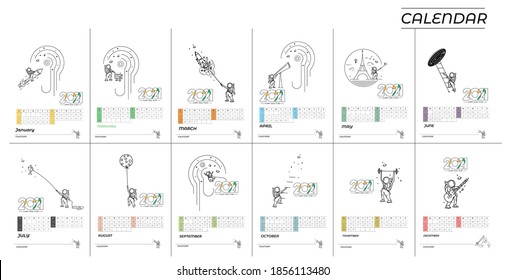 Set of Happy new year 2021 Calendar with astronaut design elements for holiday cards, Flyer banner poster for decorations.