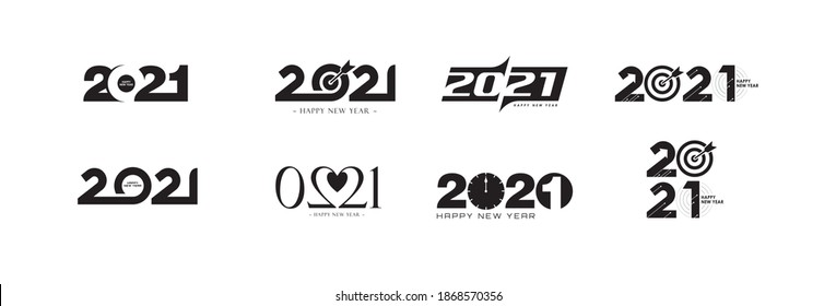 Set of Happy New Year 2021 logo text design. Cover of business diary for 2021 with wishes. Brochure design template, card, banner.  Vector illustration with black labels isolated on white background.