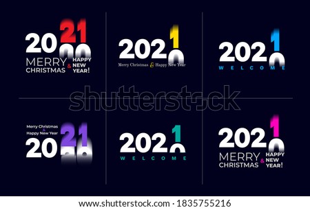 Set of Happy New Year 2021. Welcome New Year christmas. Cover of card, print, overlay or stamp, seal, greeting, invitation card for 2021. Vector illustration. Isolated on blue background.