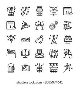 Set of Happy New Year 2022 and party line icons. Contains such Icons as gifts, calendar, champagne, firework, cake, candle, dancing, tall hat, camera, and more. Editable Stroke. 64x64 Pixel Perfect.