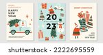 Set of happy new year 2023 and merry christmas concept background. Decorative elements of santa, christmas tree, car, presents, snowman, sparkle. Art design for card, poster, cover, banner, wallpaper.