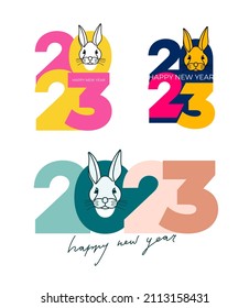 Set of Happy new year 2023. Chinese New Year 2023. Christmas symbols for your design. Vector Illustration with labels. Year of the rabbit, Chinese traditional.